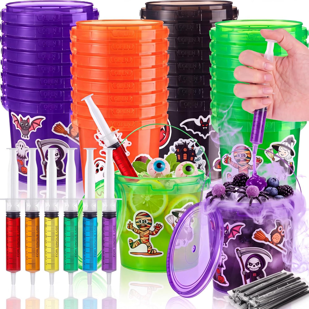 Funnymoom 32 Pcs Halloween Drink Bucket Cups with Lids and Straw, 34oz