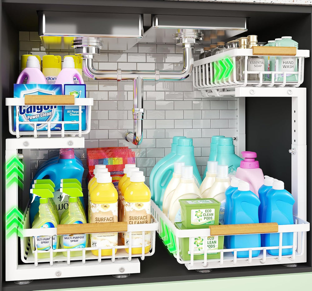 2 Pack Under Sink Organizer, 2-Tier Adjustable Height Slide Out Shelf,White