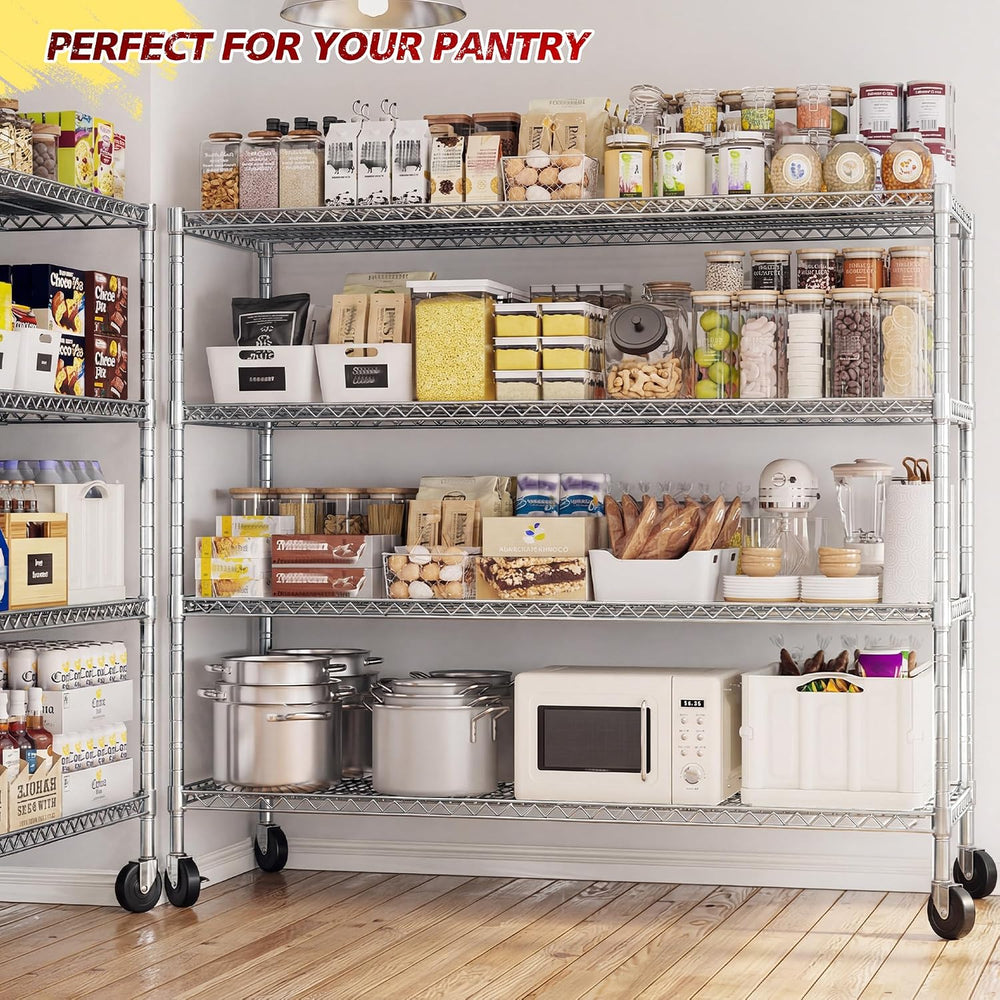 REIBII Set of 2 Storage Shelves Metal Shelving with Wheels,Adjustable Wire Sh...