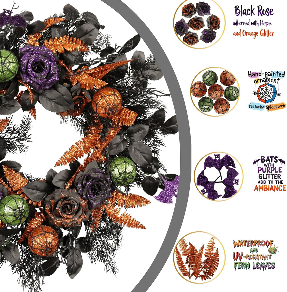 22 Inch Halloween Wreath for Front Door, Spooky Black & Purple Glitter Ro...