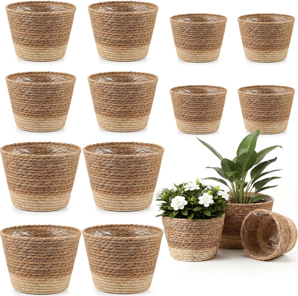 AceOrbit 12 Pcs Wicker Plant Basket Bulk with Liners,Mixed,Minimalist
