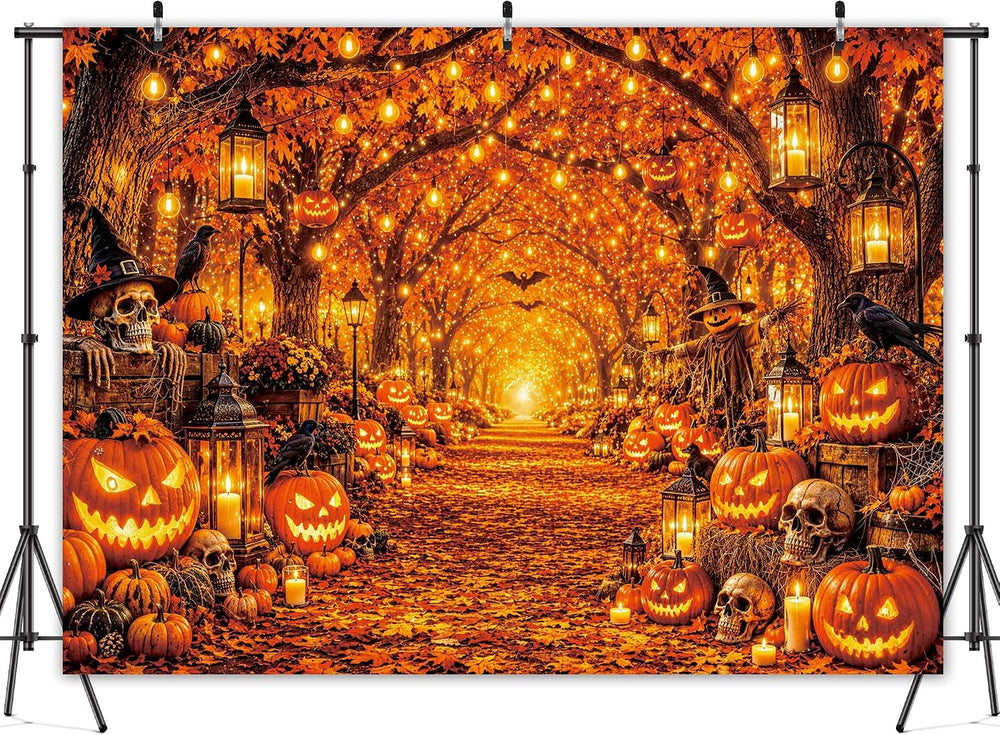 Halloween Backdrop - Pumpkings Lantern Skull Bats Autumn Forest Photography B...