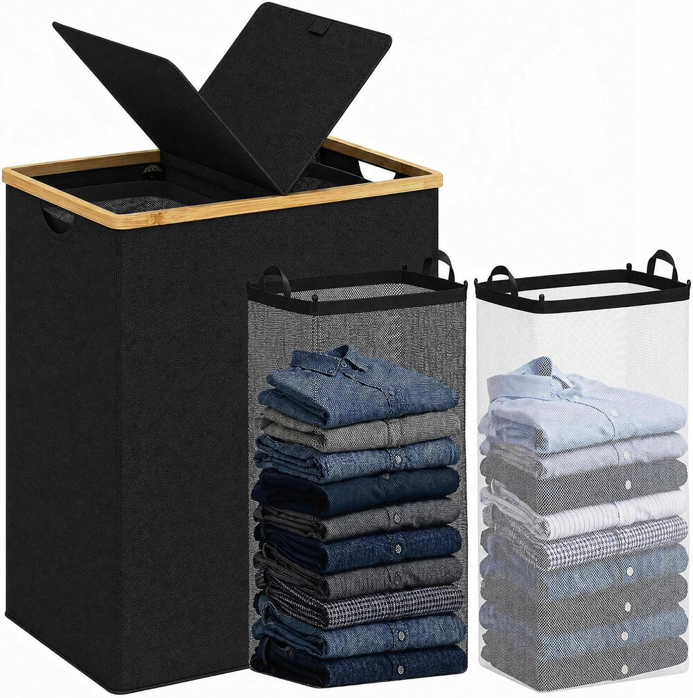 efluky Double Laundry Hamper with Lid and 2 Removable Bags, Black
