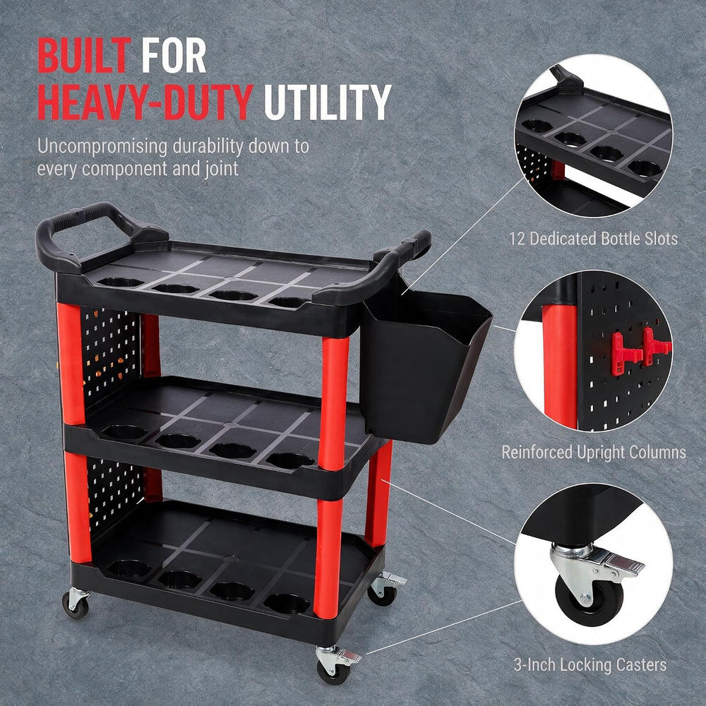 NicBex 3-Tier Rolling Tool Cart, Utility Cart with Bucket, Pegboard & Hoo...