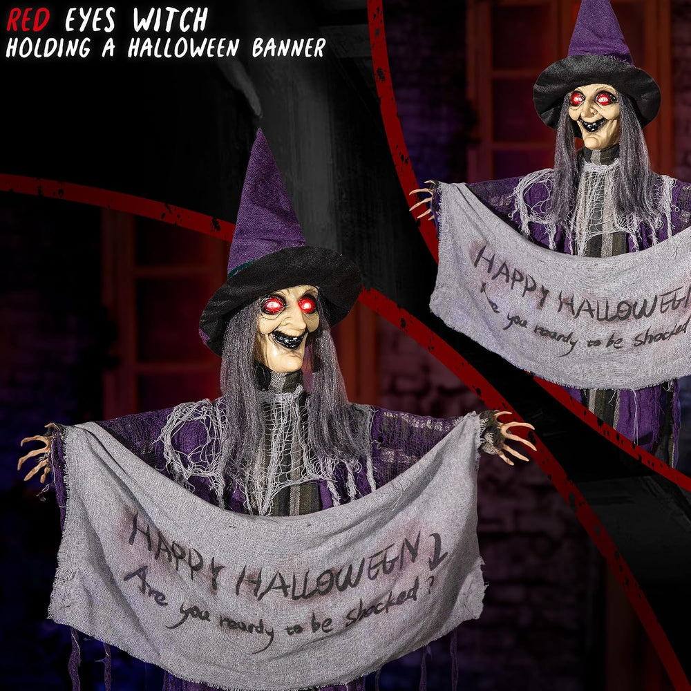 Halloween Animatronics 5ft Hanging Witch, 60inch Floating Animated Witch Deco...
