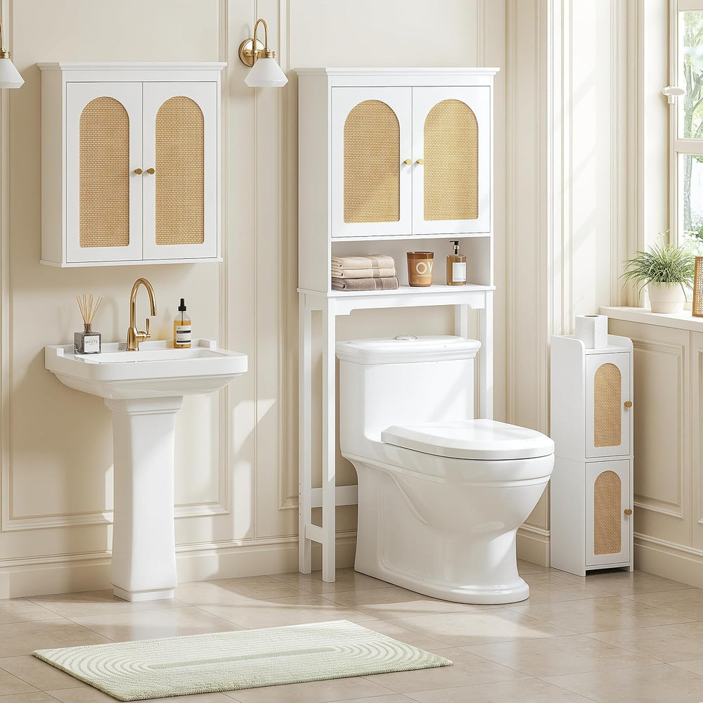 Spirich Over The Toilet Storage Cabinet, Arched Rattan-Style Doors, White
