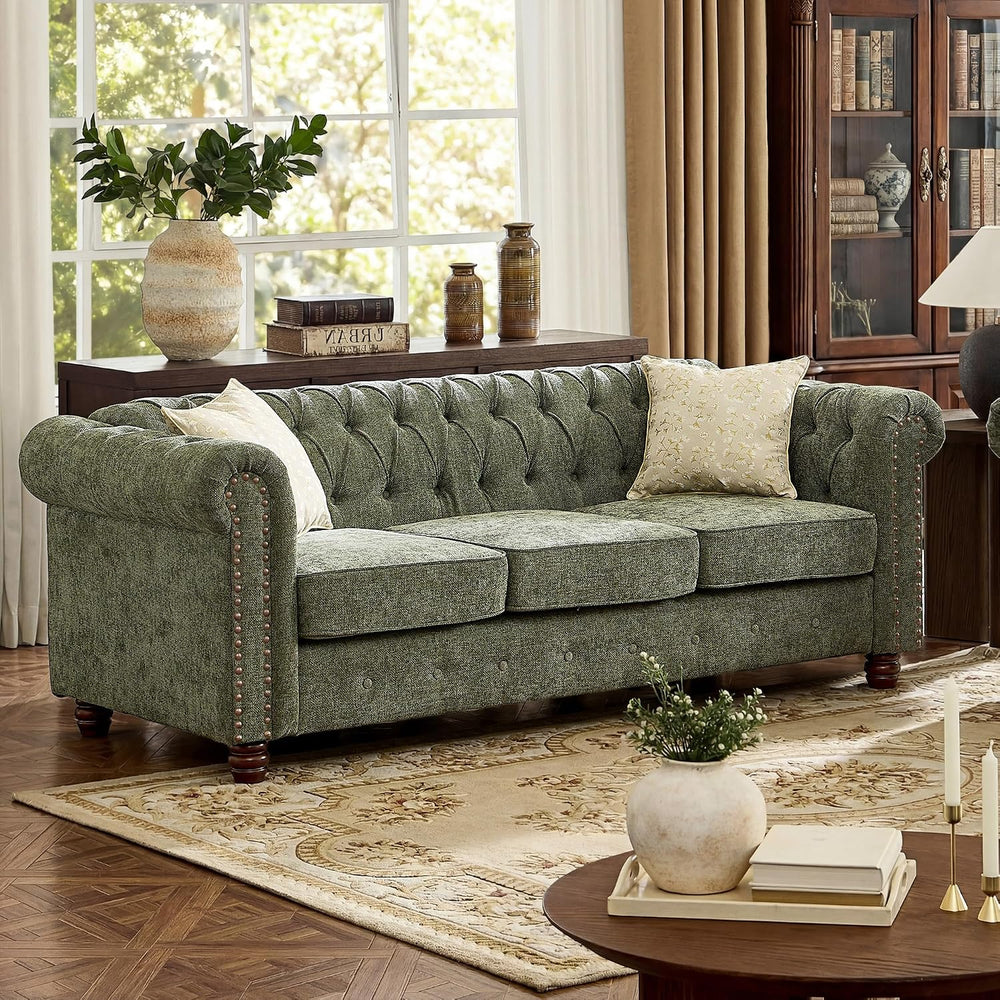 Modern Chesterfield Sofa, Deep Seat Chenille Rolled Arms Couch,Green