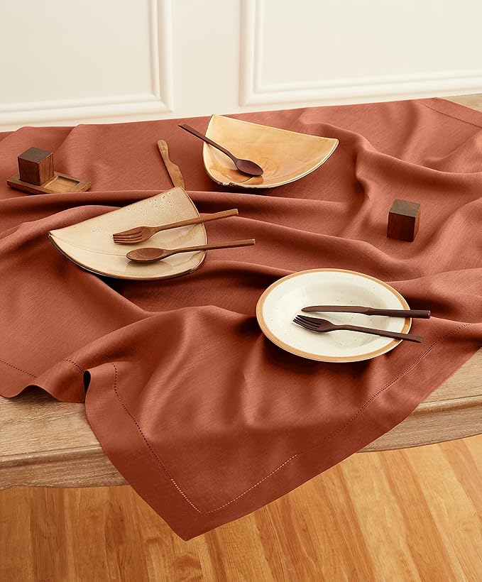 Solino Home Linen Cinnamon Tablecloth 52 x 52 Inch - 100% Pure Linen Square T...