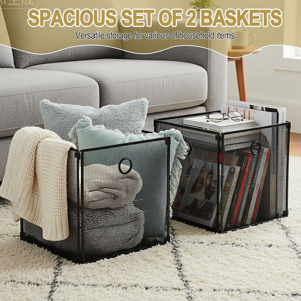 2 Pcs Foldable Metal Cube Storage Baskets, 13x13in, Black