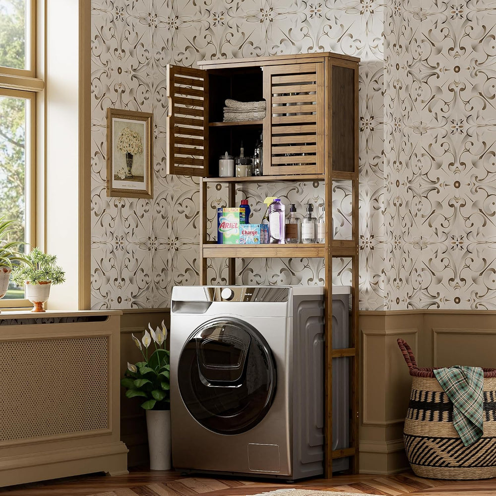 SMIBUY Bathroom Storage Shelf with Cabinet, Bamboo Over-The-Toilet Organizer ...