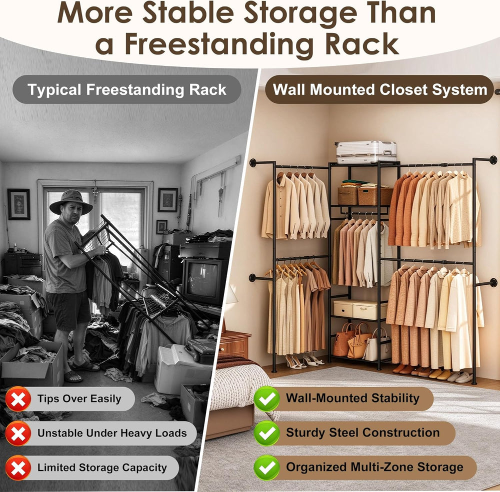 Wall Mounted Closet System, Expandable Clothing Rack with Shelves