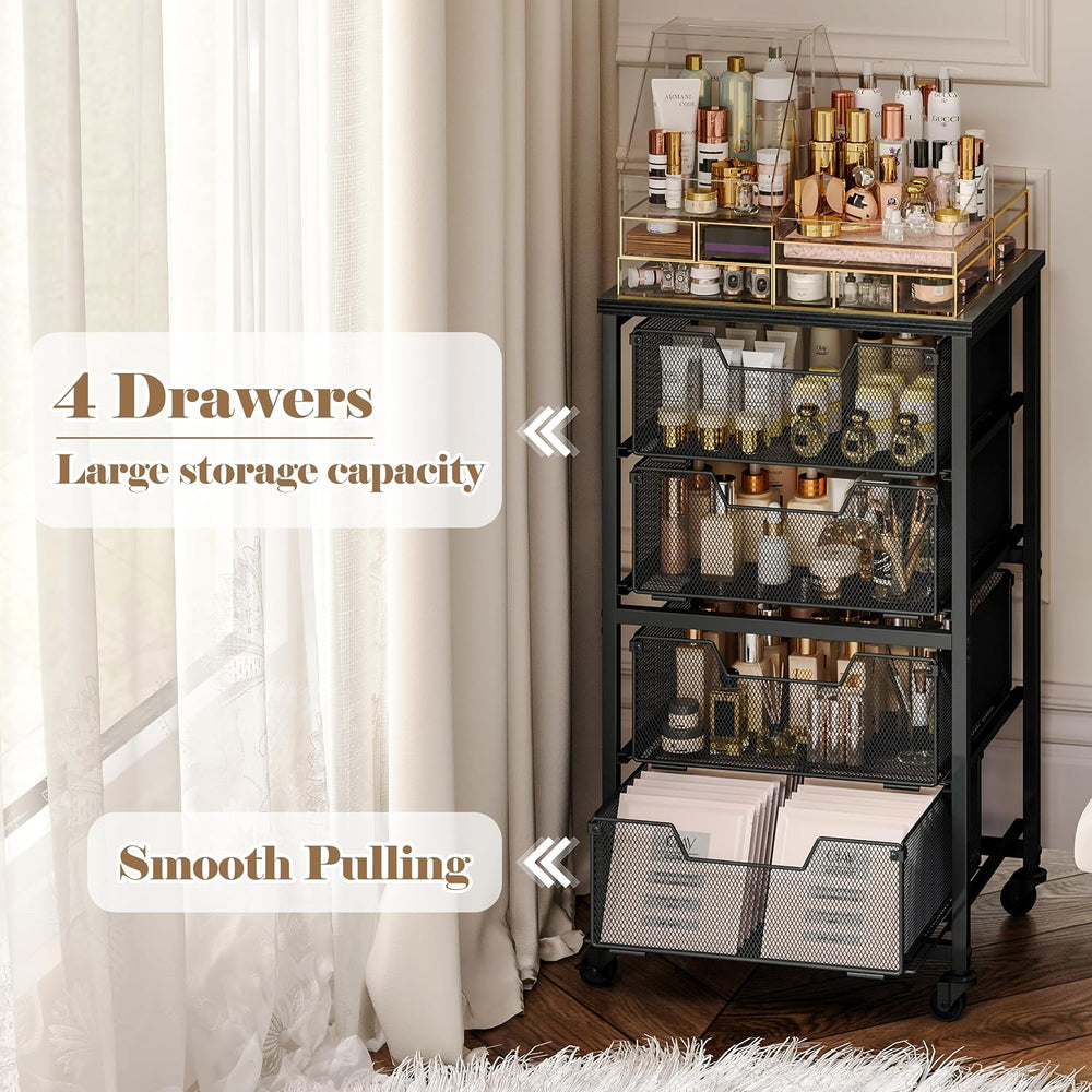 Rolling Cart with Drawers, 4-Drawer Storage Cart on Wheels with Wooden Top, M...