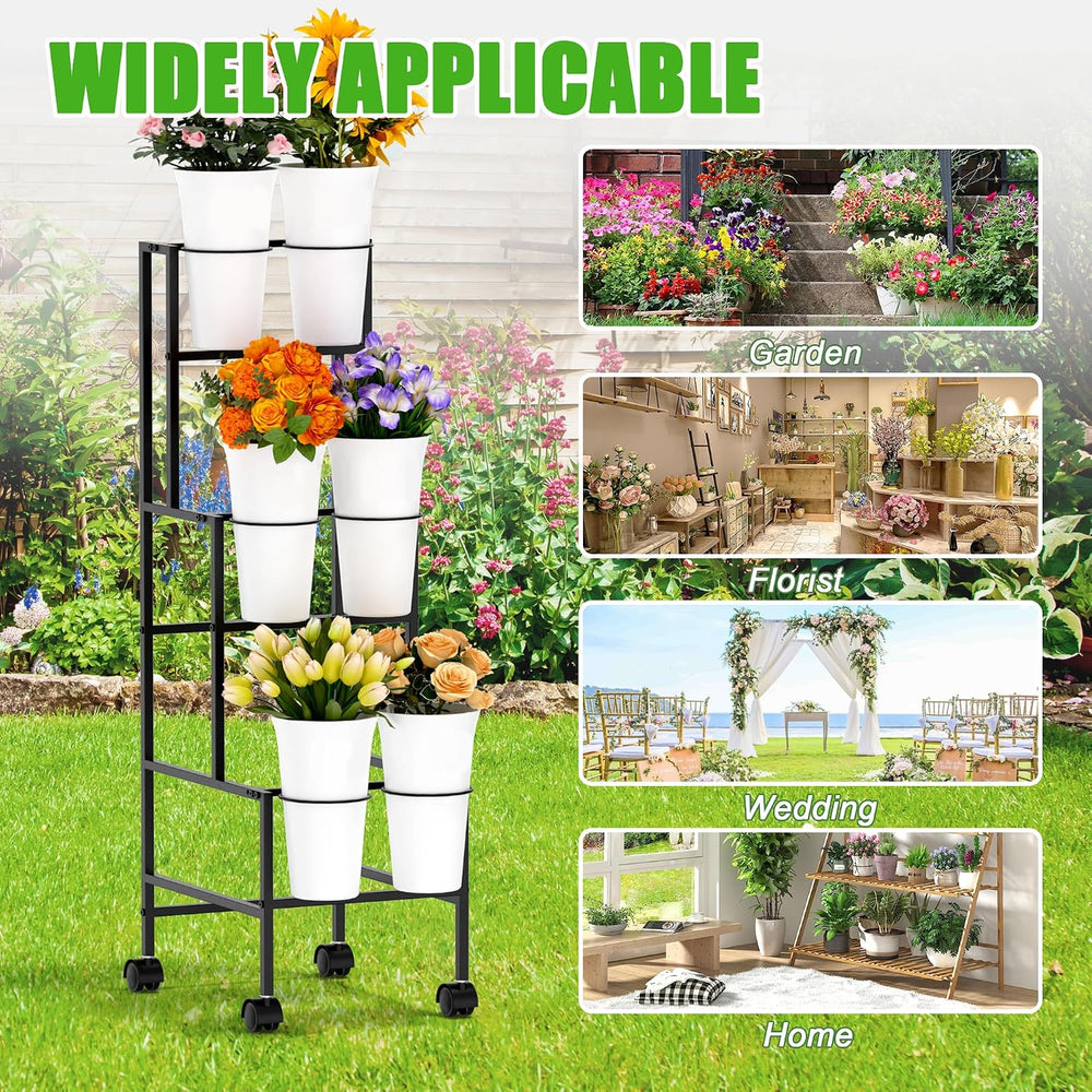 Flower Display Stand with 6 Buckets, Flower Cart with Wheels, 3 Layers Metal ...