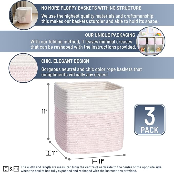 NaturalCozy Storage Cubes 11 Inch Cotton Rope Woven Baskets (3-Pack)