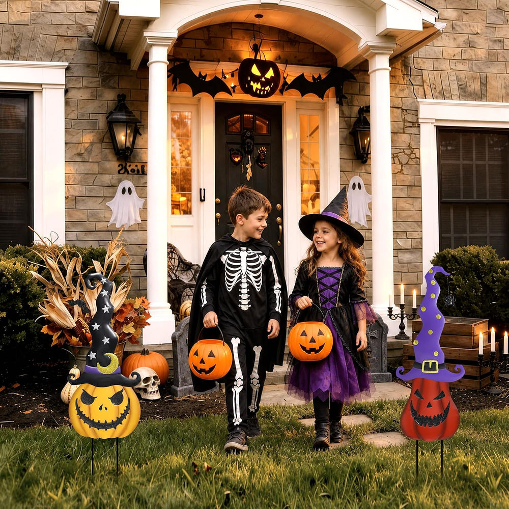 Halloween Garden Stakes - 2 Pack Stacked Metal Pumpkins with Witch Hat