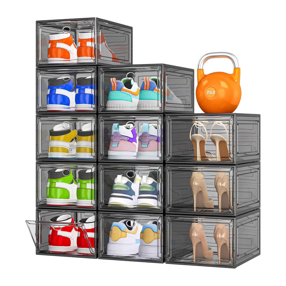 12 Pack Shoe Organizer, Stackable Shoe Storage Boxes with Magnetic Door