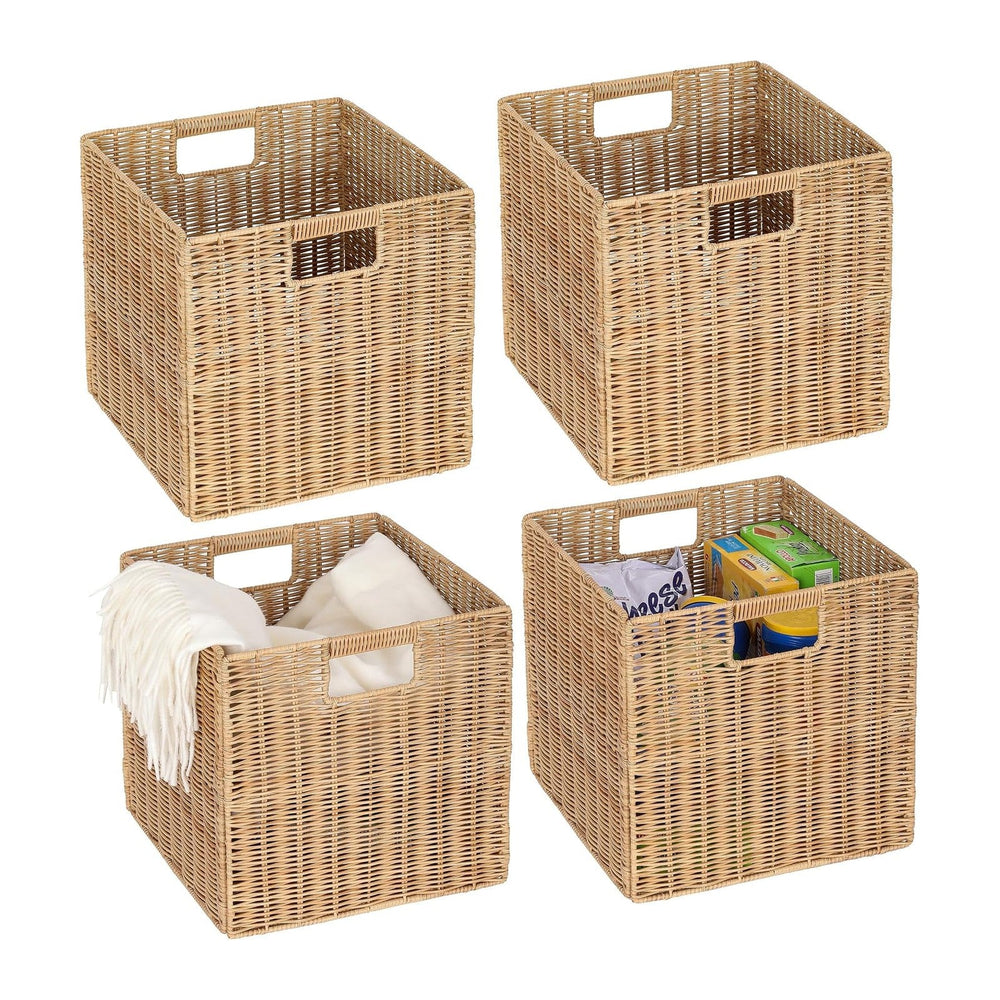 12x12inch Plastic Wicker Cube Baskets Large Foldable Handwoven,4 Pack,Khaki
