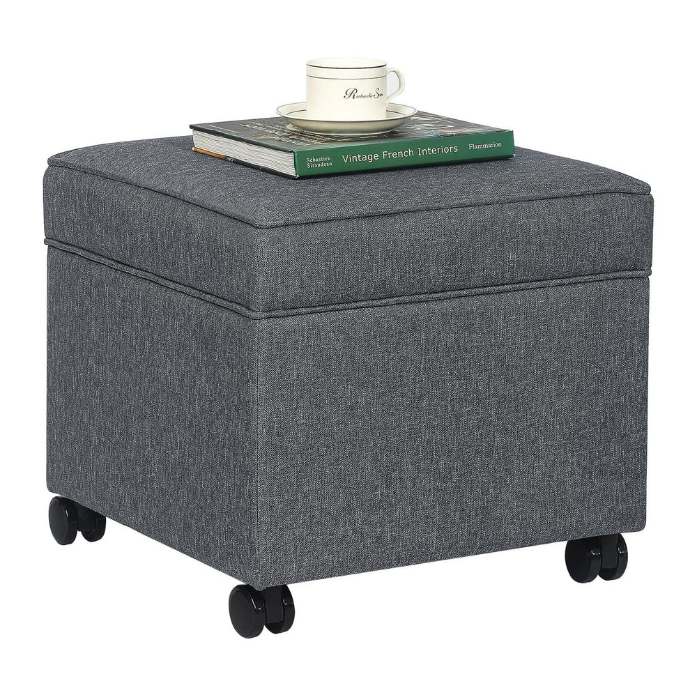 17" Square Storage Ottoman with Wheels, Upholstered Linen Movable Cube F...