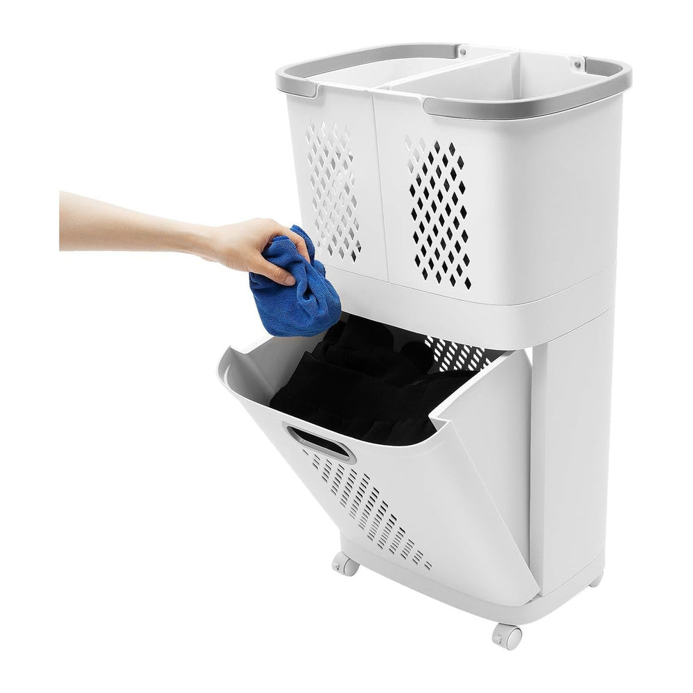 2 Tier Plastic Laundry Hamper, Removable Household Bathroom Clothes Storage B...