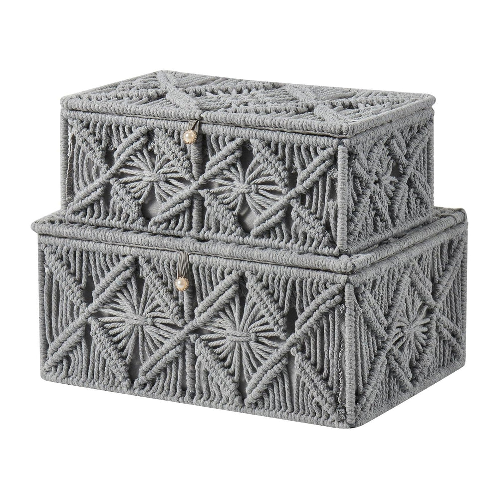 2PCS Decorative Boho Storage Basket with Lid Natural Macrame Box