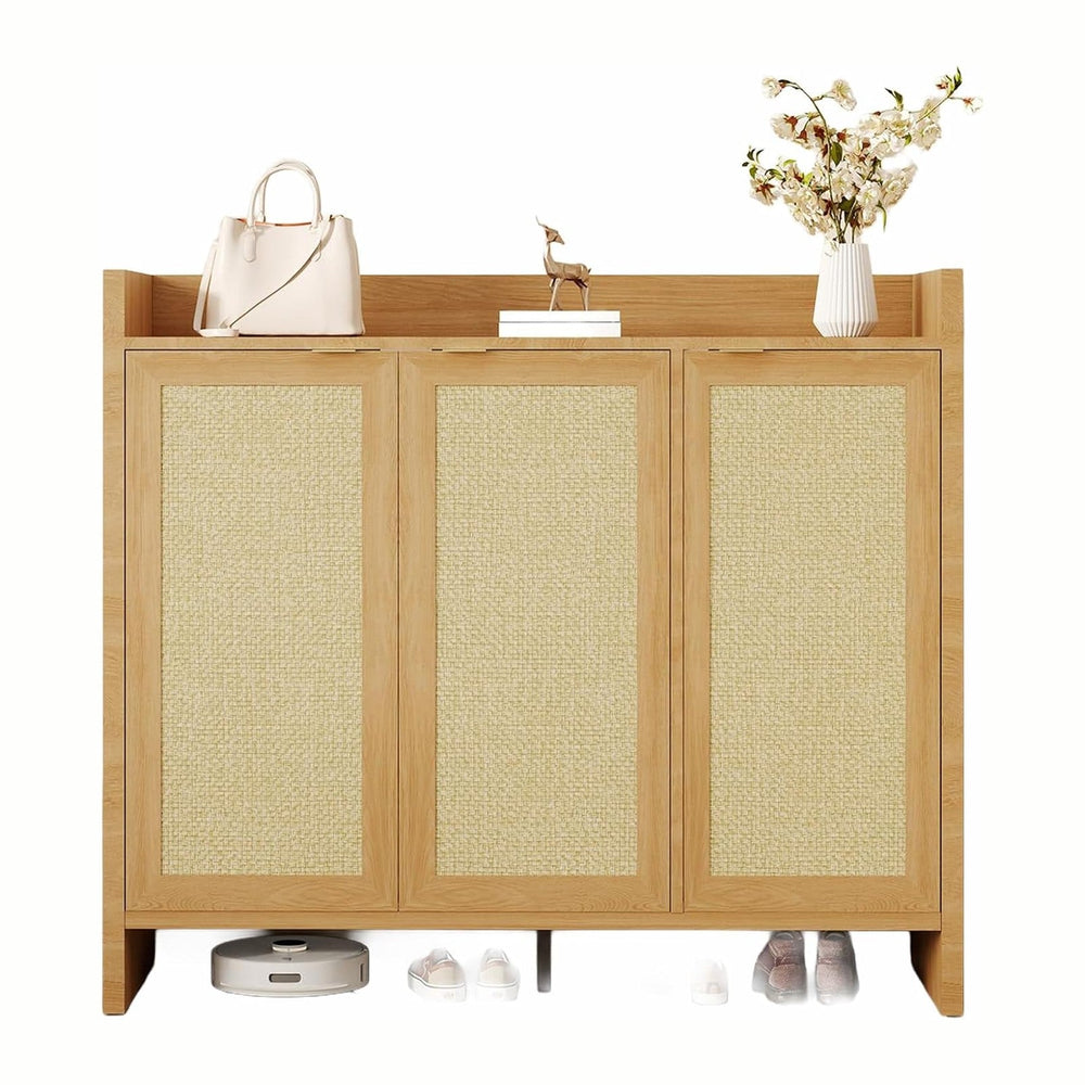 3 Door Rattan Shoe Cabinet for Entryway, Freestanding Wooden Shoe Rack with A...