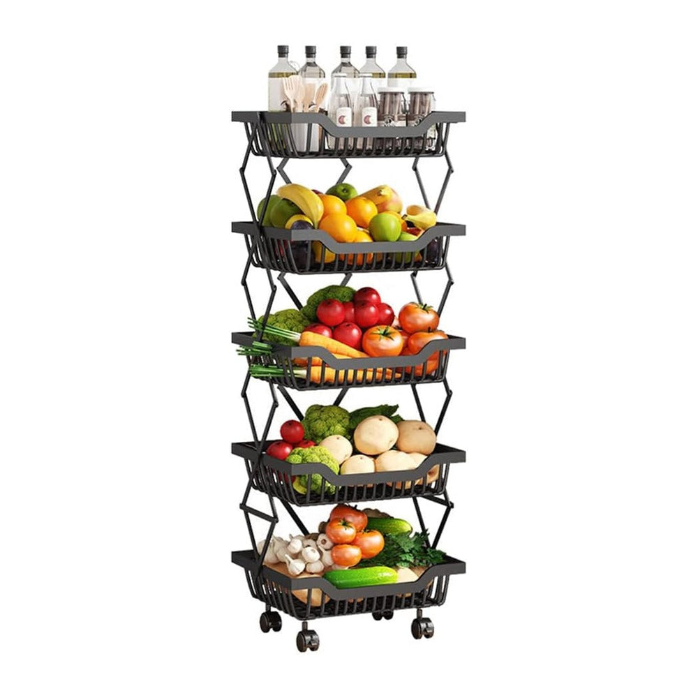 5-Tier Fruit Basket Cart with Wheels, Metal Wire Fruit Vegetable Storage Bask...