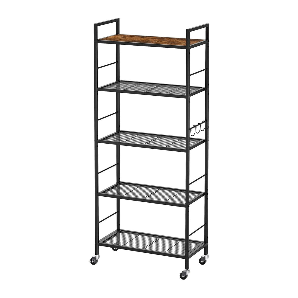 5-Tier Metal Storage Rack with Industrial Wheels,Mesh Shelving Unit with Wood...