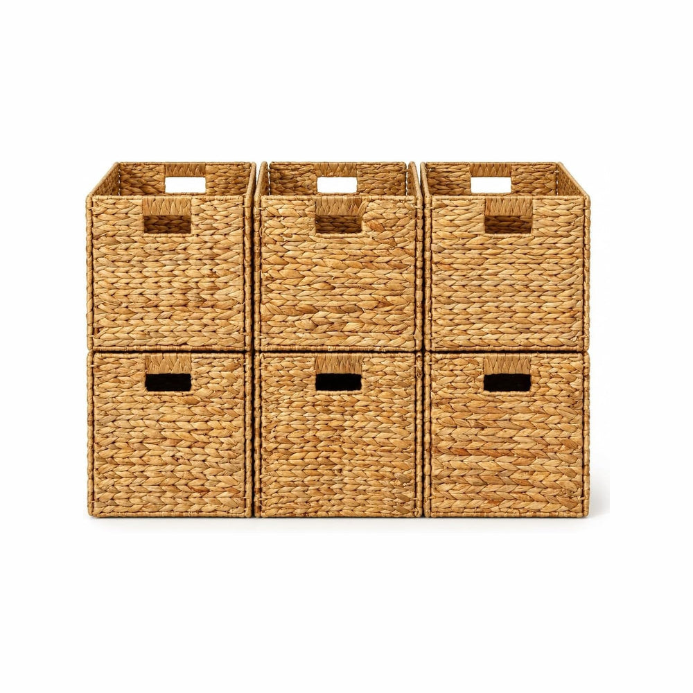 6 Hand-Woven Wicker Storage Baskets 13x11x11in, Water Hyacinth Shelf Bins