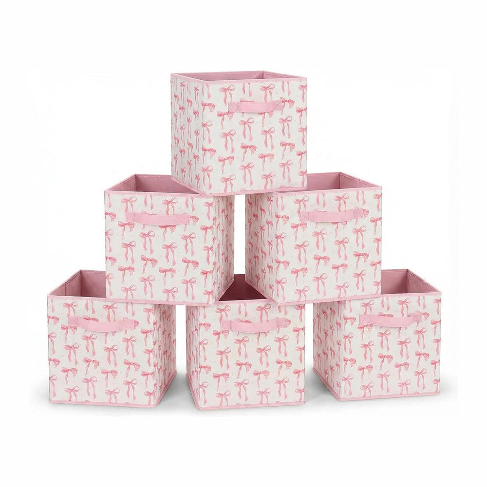 6 Pcs Pink Bow Cube Storage Bins 12.5 Inch Pink Storage Basket with Handle, P...