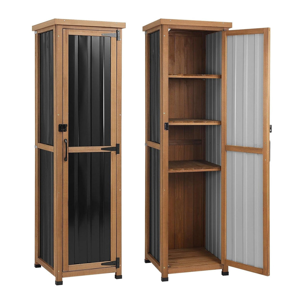 62" H Tall Narrow Outdoor Storage Cabinet with Metal Top, Outdoor Shed S...