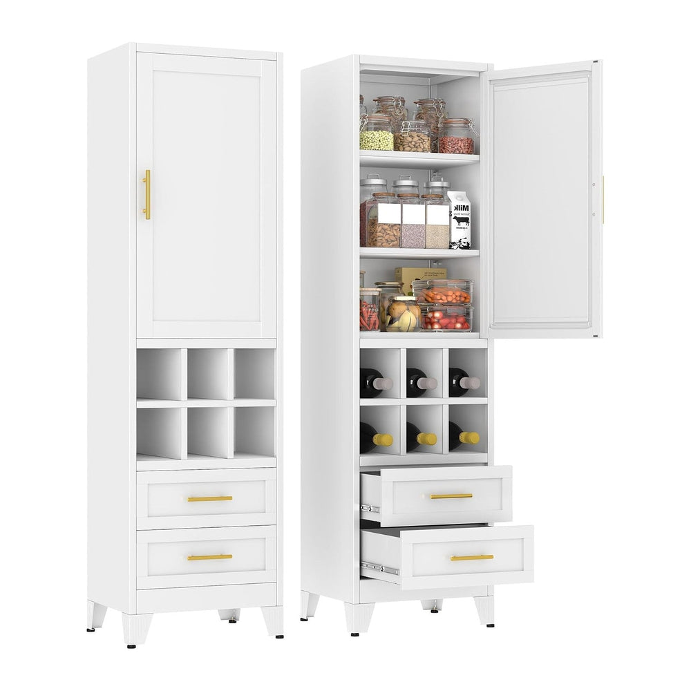67" Tall Metal Pantry Cabinet, Narrow Freestanding Storage Cabinet, White