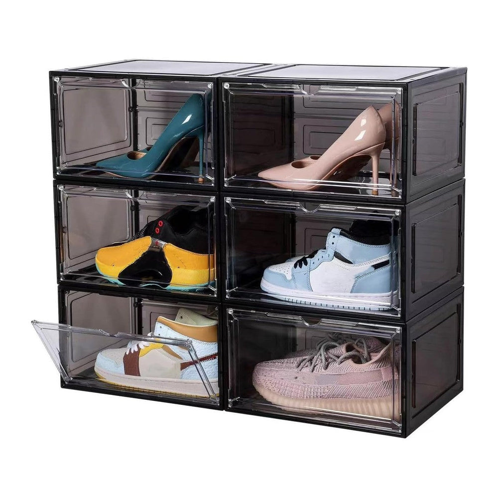 Attelite Large Shoe Boxes 6 Pack Drop Side Shoe Storage Containers Black