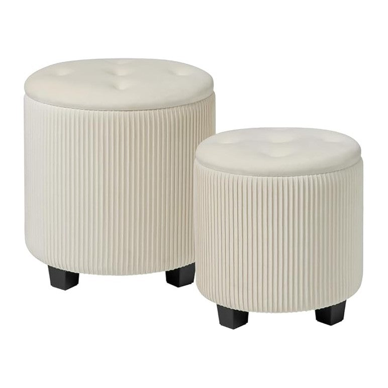 Big Round Ottoman with Storage Set of 2, Upholstered Velvet Vanity Stool