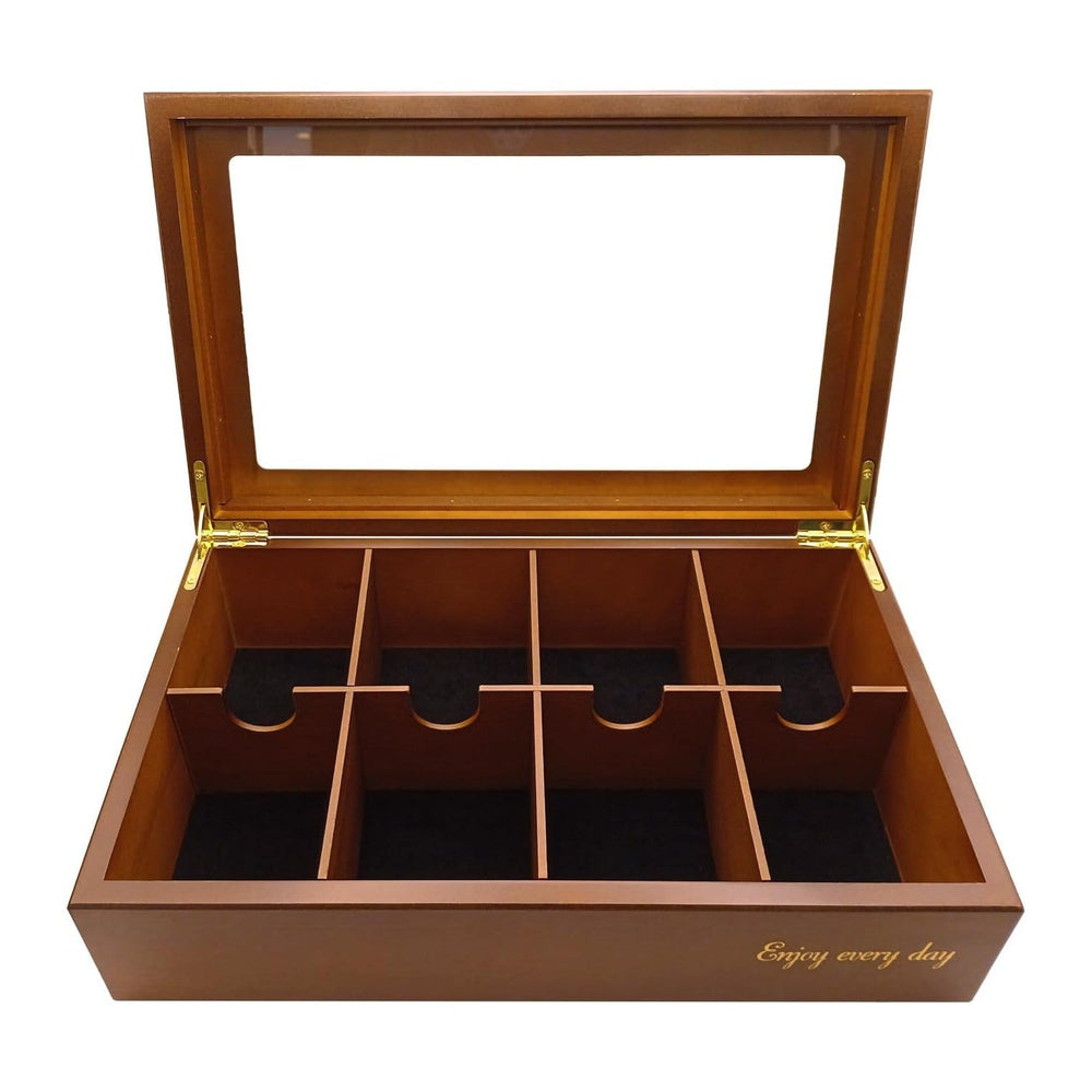 BJOYFUL&LOVED Wooden Tea Box with Glass Lid, 8-Compartment, Walnut Color