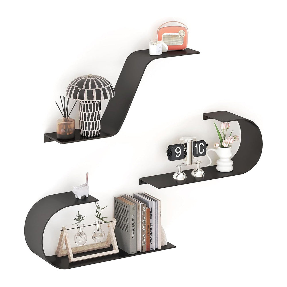 Black Floating Shelves Set of 3, Black Metal Decor, Unique Mounted Floating S...