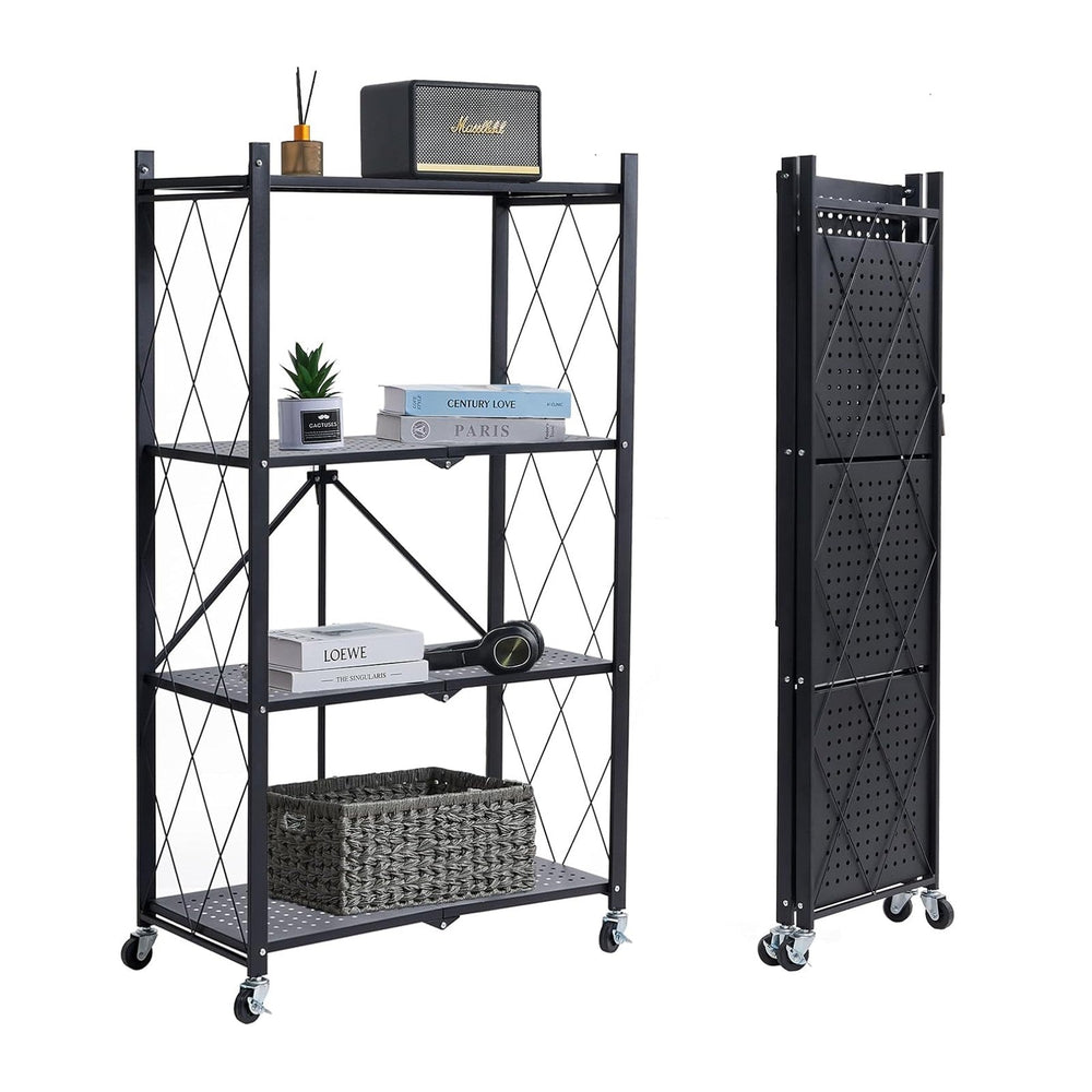 BRIAN & DANY 4-Tier Foldable Storage Shelves with Wheels, Folding Metal R...