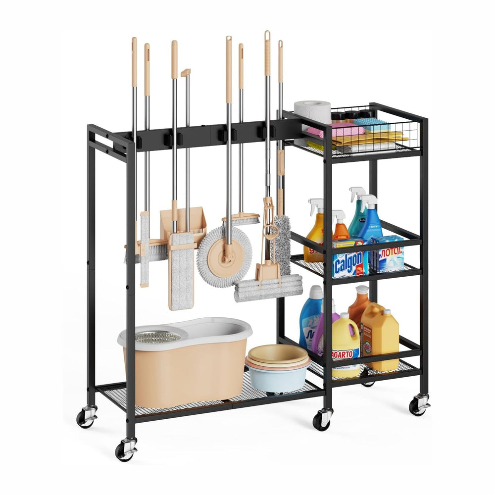 Broom Holder with Cleaning Supplies Organizer, Movable Broom Closet Storage