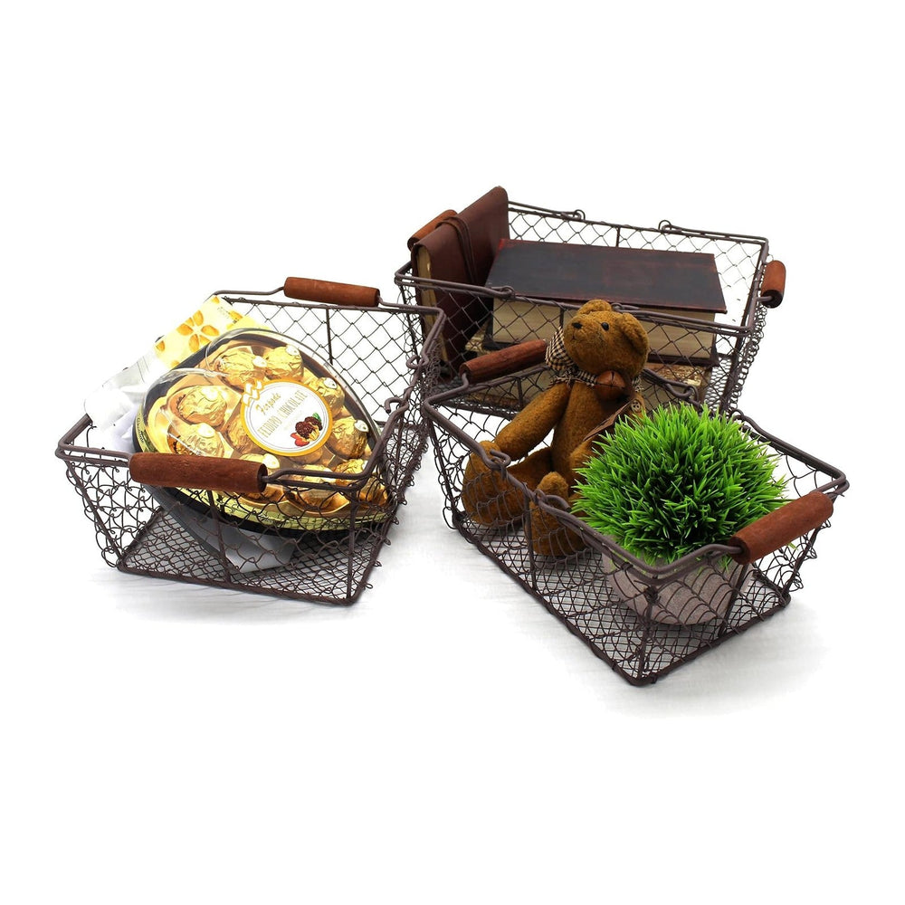 CVHOMEDECO. Primitive Chicken Wire Gathering Baskets with Wood Handle Rectang...