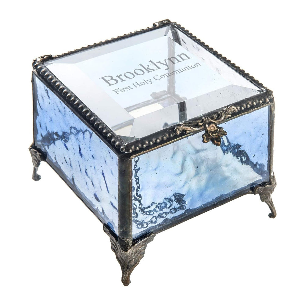 First Communion Gift for Girls Personalized Blue Stained Glass Engraved Relig...