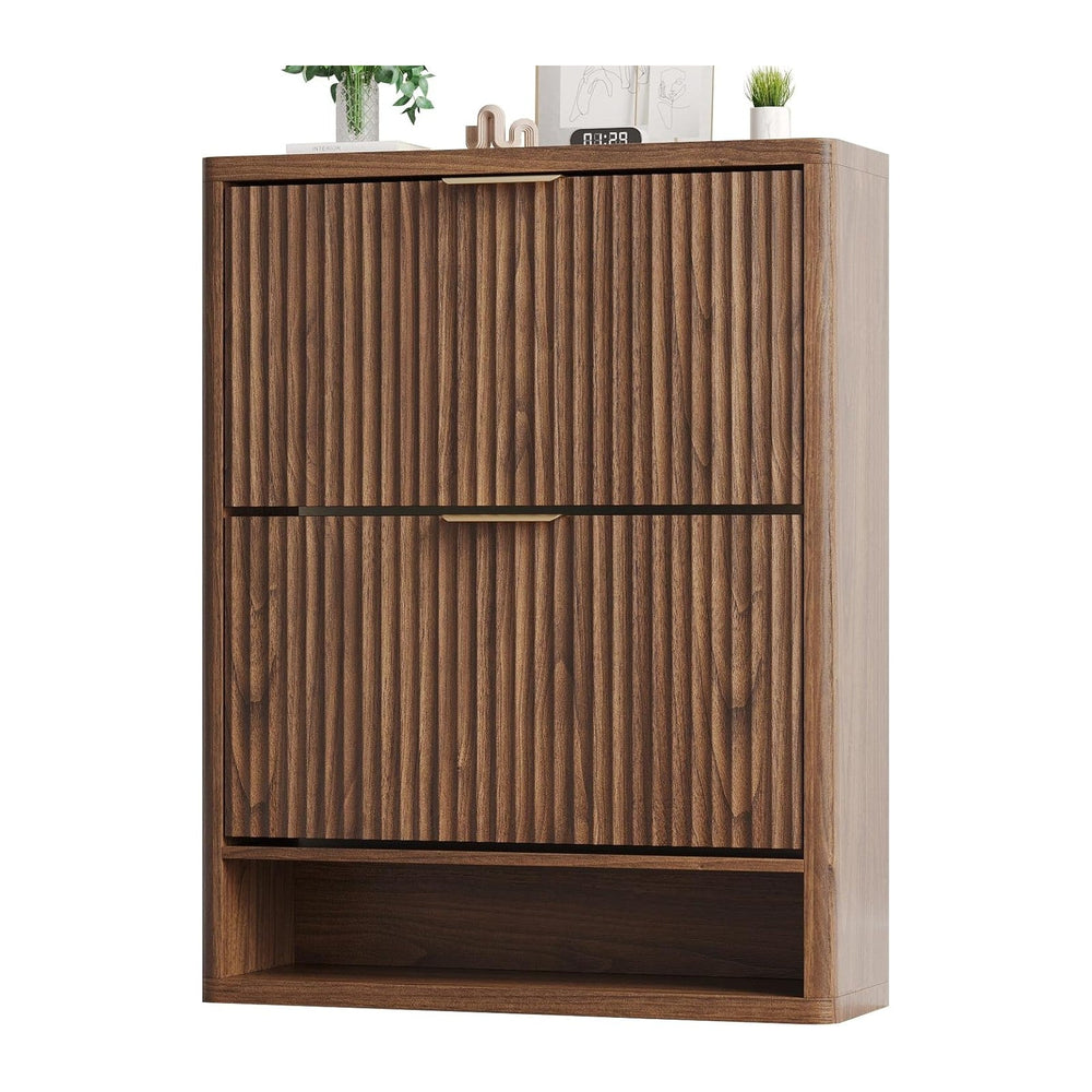 Fluted Shoe Cabinet Storage with 2 Flip Drawers, Narrow Shoe Storage Organize...