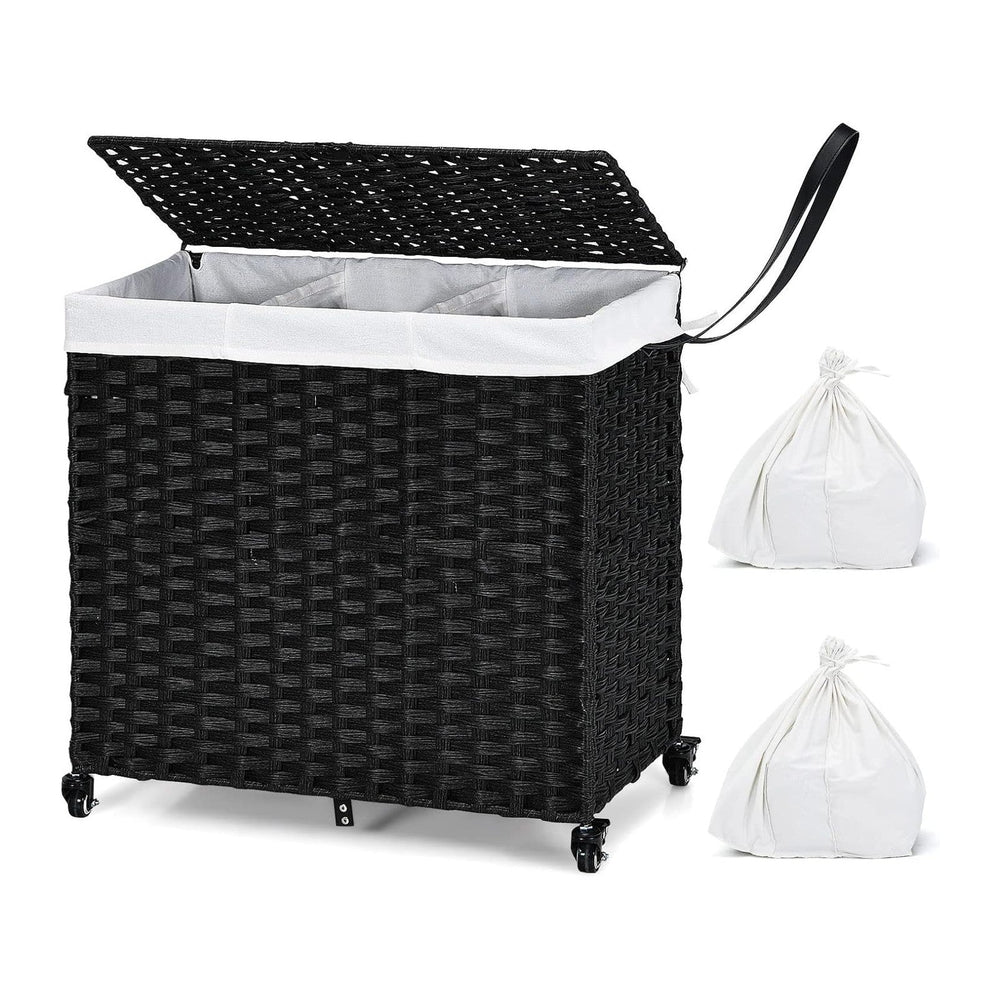GOFLAME Laundry Hamper with Lid and Wheels, 125L Hand Woven Rattan Laundry Ba...