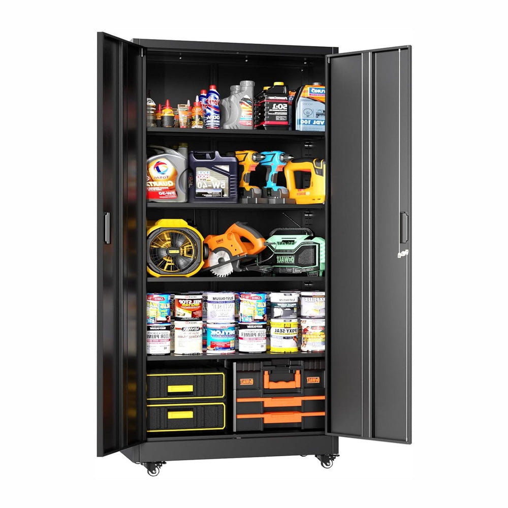 Greenvelly Metal Garage Storage Cabinet with Wheels, Black 73" Rolling M...