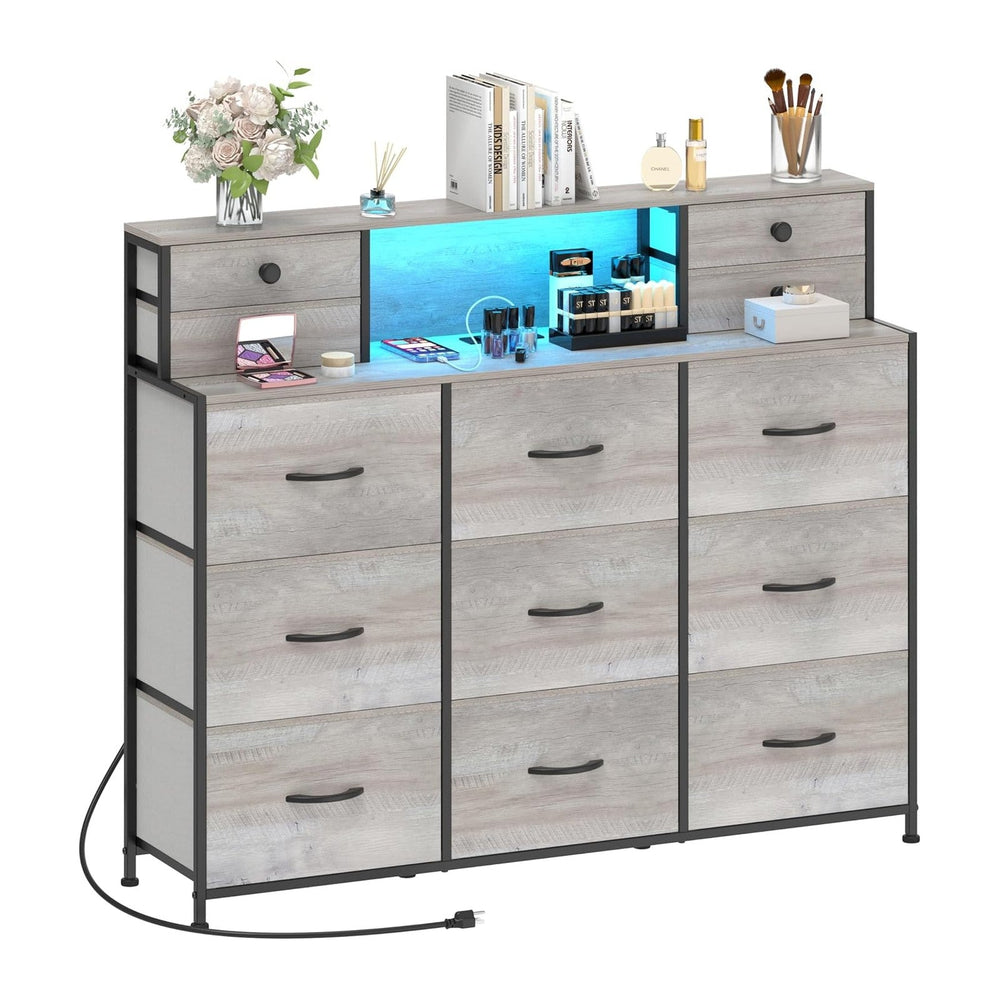 Grey Dresser with Power Outlets and LED Lights 13 Drawers Long Dresser for Be...
