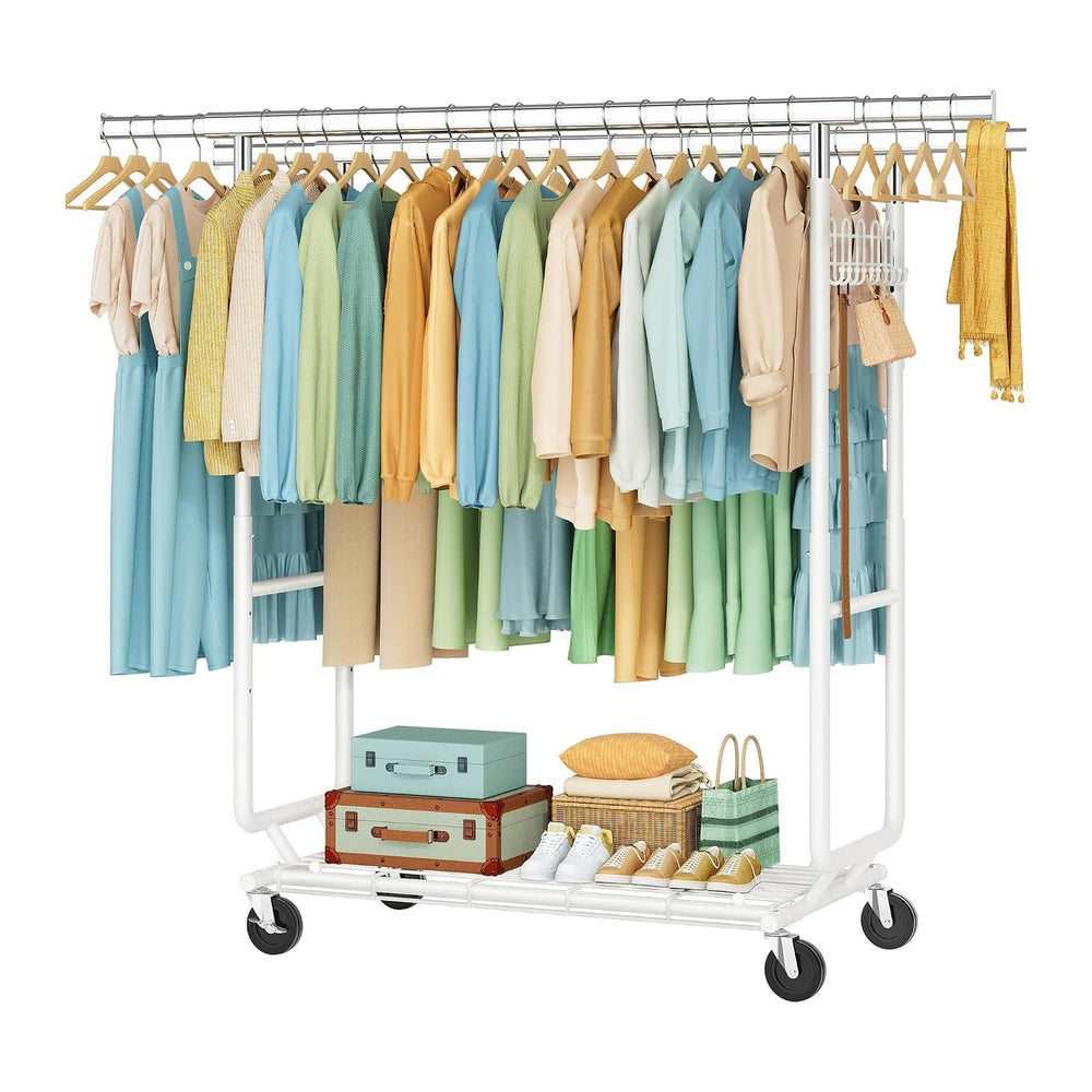 Hoctieon 2-Minute Assembly Double Rod Clothes Rack, Heavy Duty Rolling Clothi...