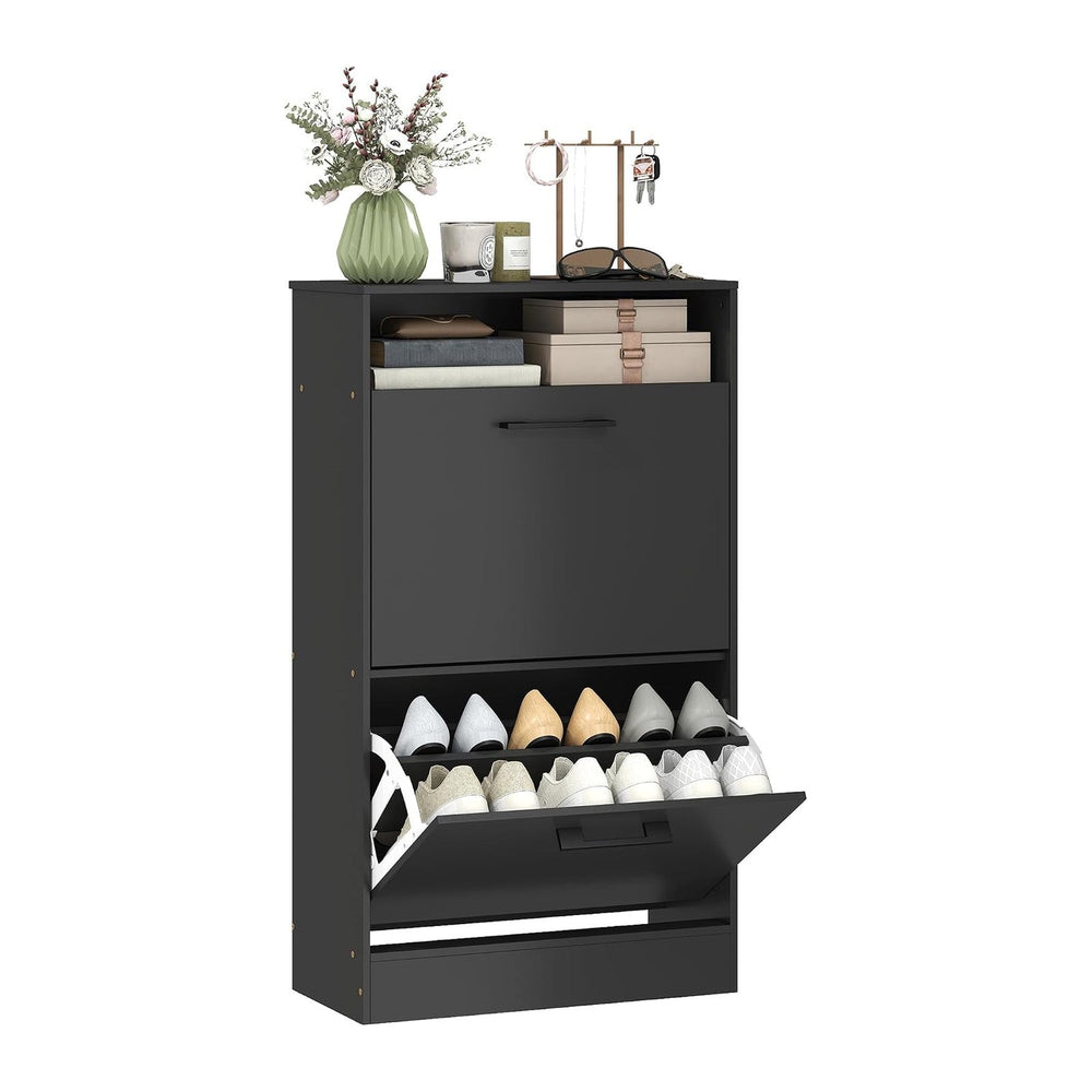 HOMCOM Shoe Cabinet with 2 Flip Drawers, Open Shelf, up to 12 Pairs, Black