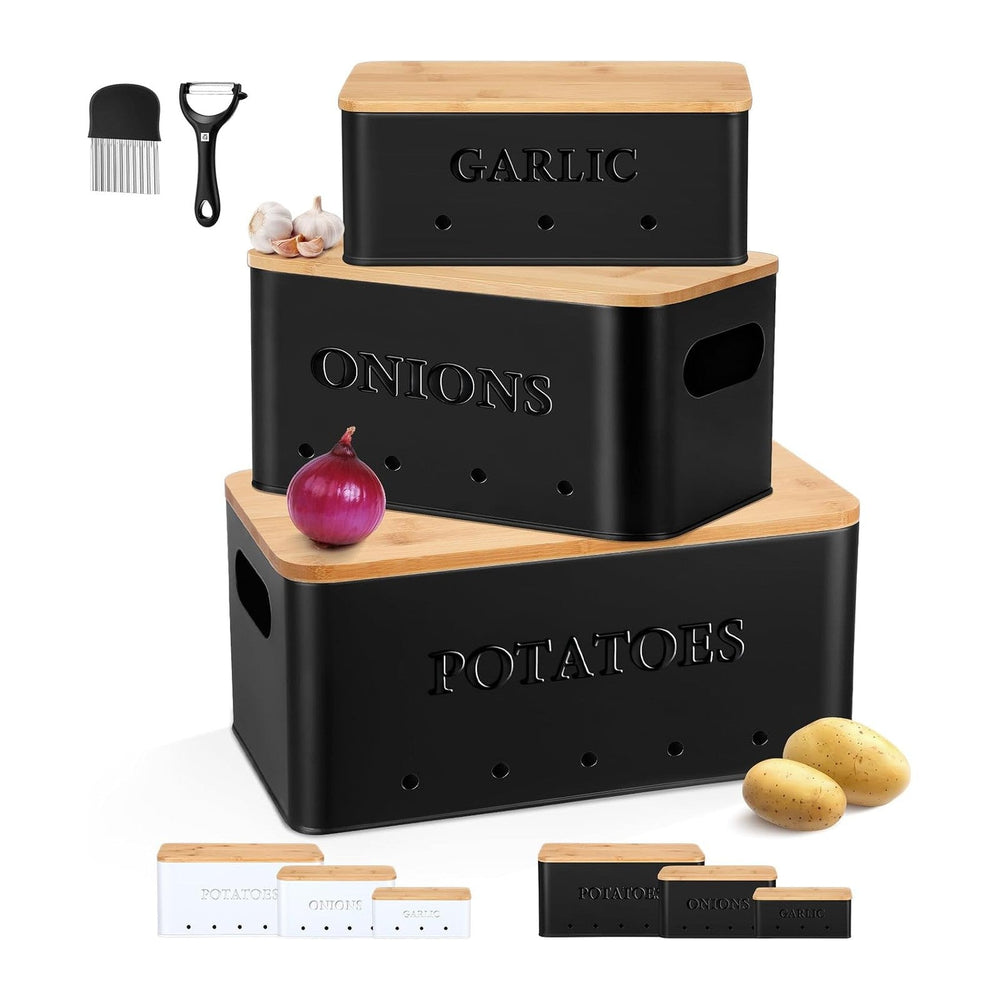 Honeydak 3 Pcs Metal Potato Onion Garlic Storage Bins Set Black