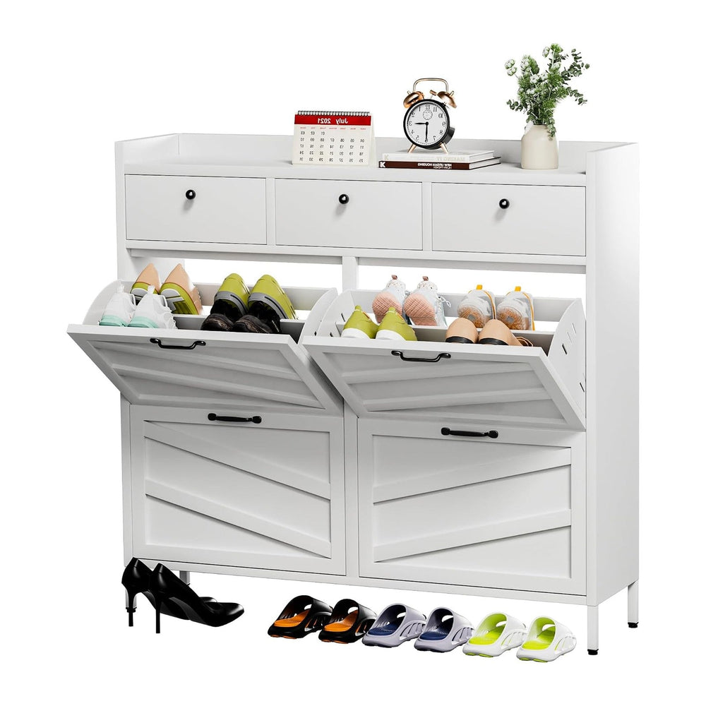 IKIMI White Metal Shoe Storage Cabinet with 4 Flip Drawers & 3 Top Drawers