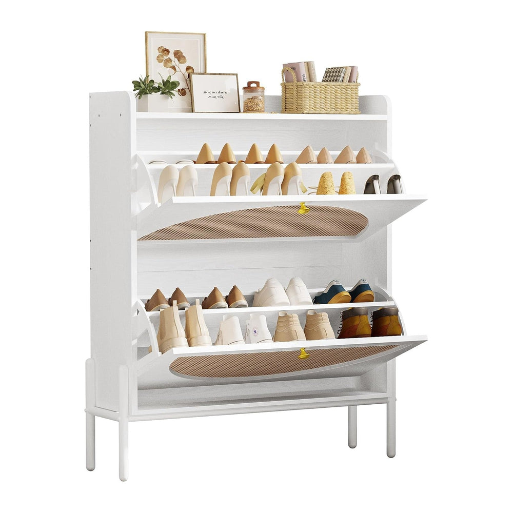 IRONCK Rattan Shoe Cabinet Storage with 2 Flip Drawers, White