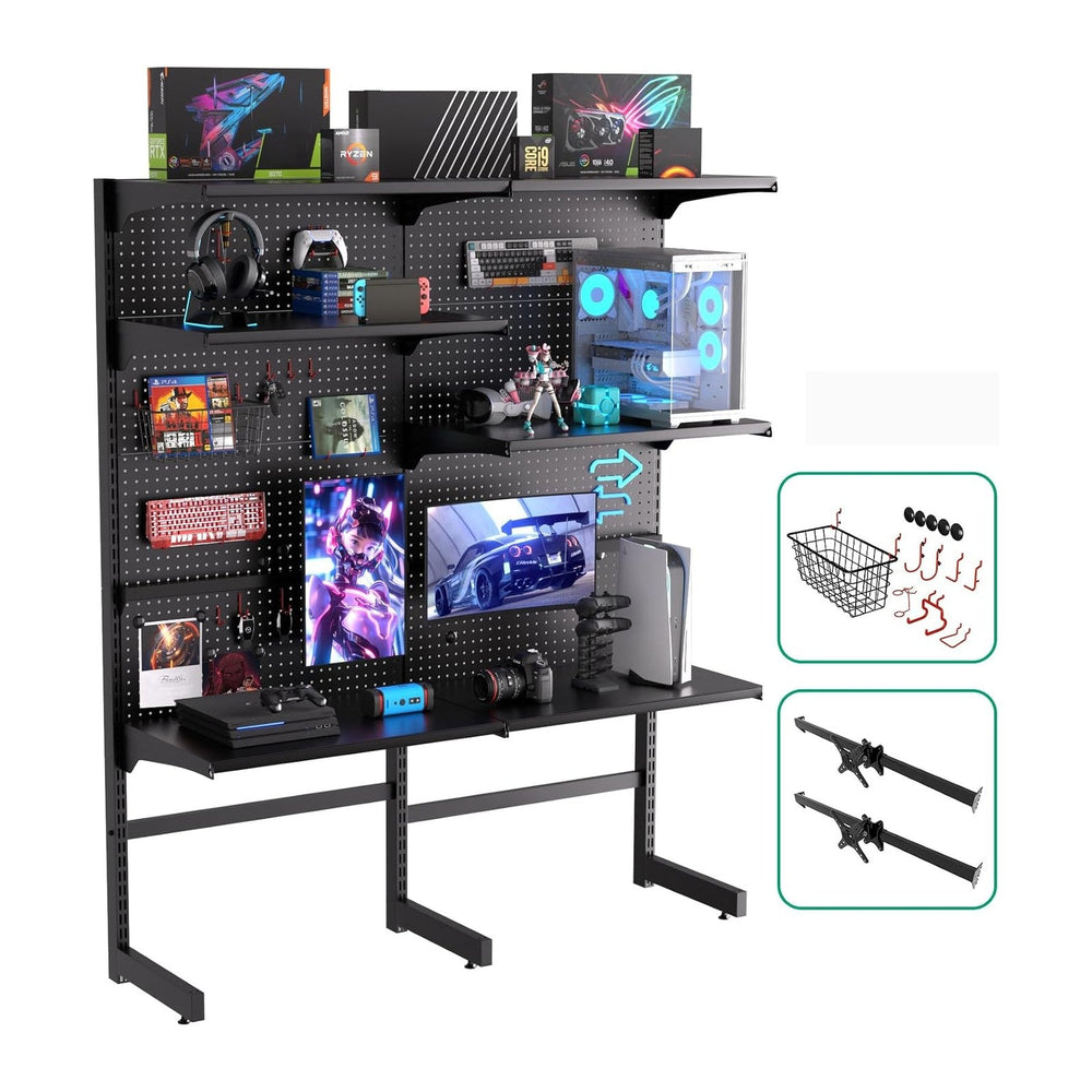 JWX Pegboard Standing Shelf Unit Pro Max with Monitor Support Bars, Gaming Pe...