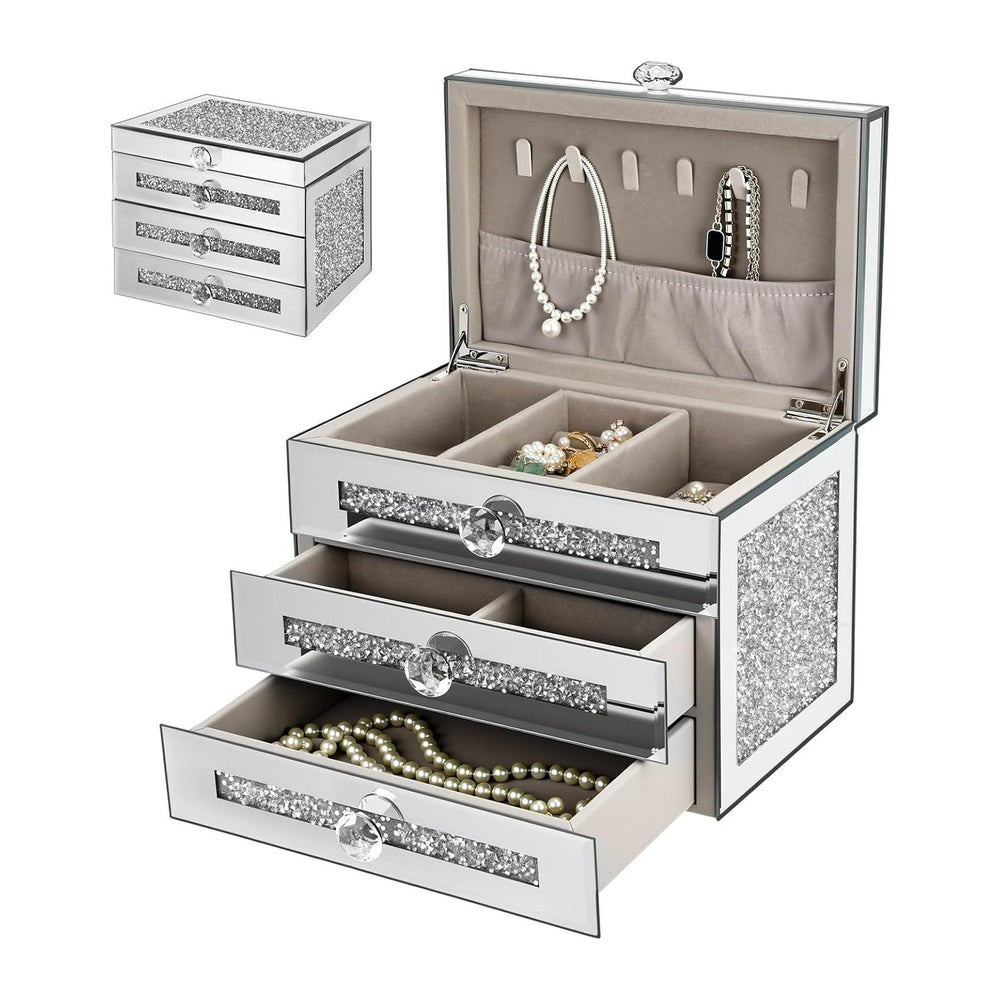 Kenning Glass Mirrored Jewelry Box for Women 3 Layer 2 Drawer Crushed Diamond...